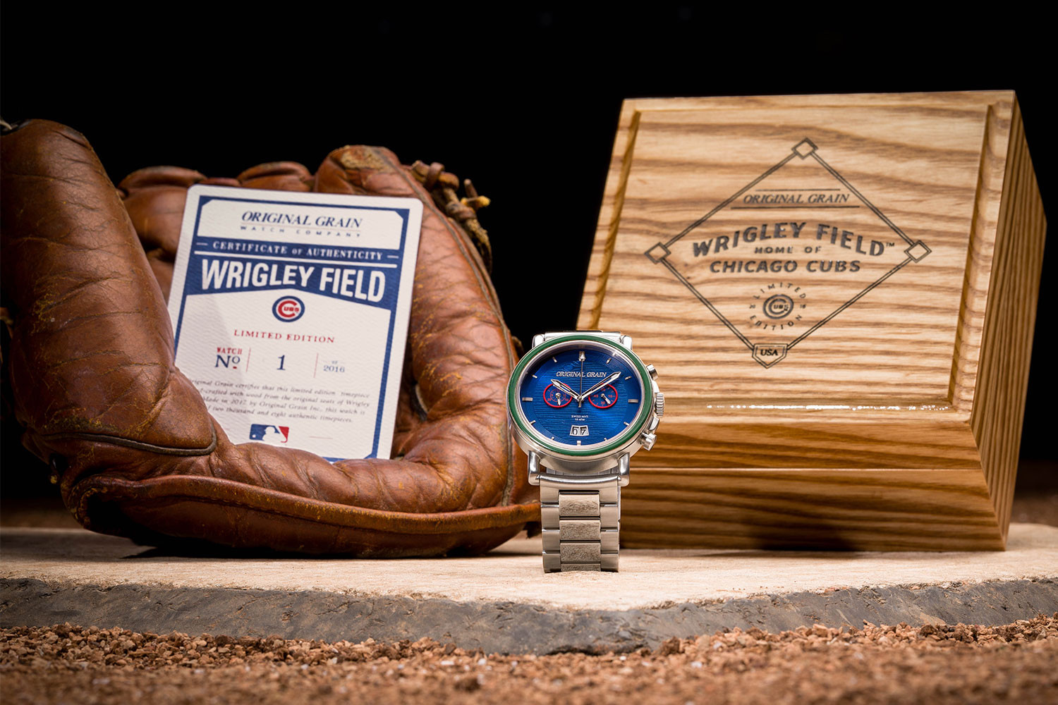 Wrigley Field Chrono watch with collectible box and baseball glove