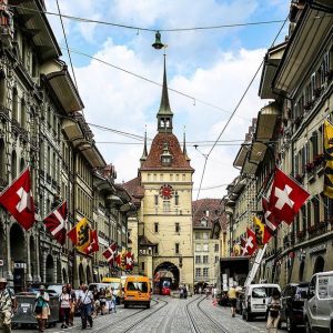 Swiss street with flags
