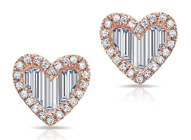 Anne Sisteron rose gold baguette diamond heart earrings