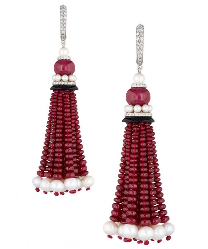 Amrapali ruby diamond pearl tassel earrings