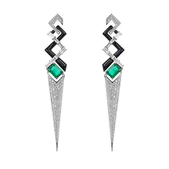 Nikos Koulis V Collection Diamond Emerald and Enamel Earring