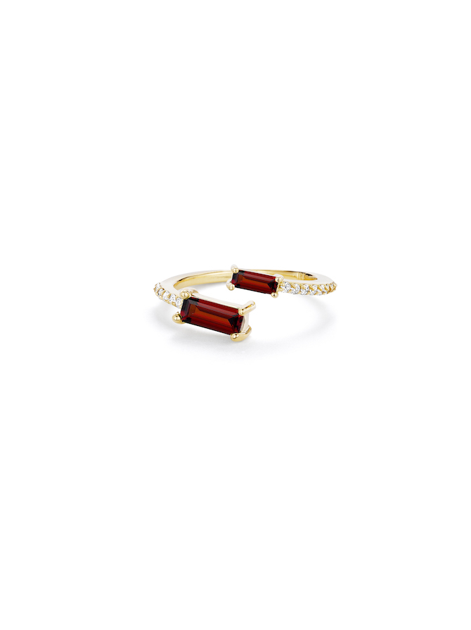 Paige Novick Asymmetrical Ring with diamond pavé and two baguette garnets