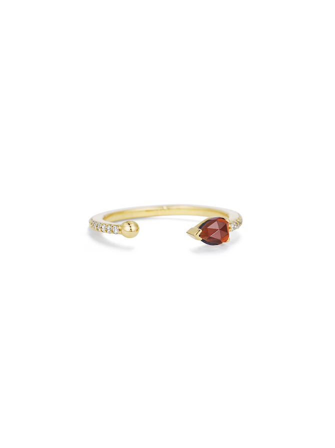 Paige Novick Midi Ring with diamond pavé and pear shaped garnet in 18k yellow gold