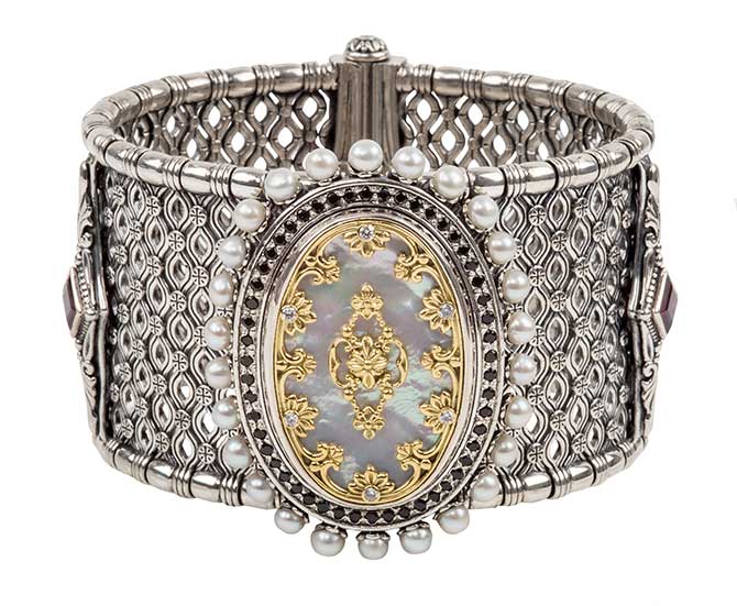 Konstantino cuff with pearls and black spinel and mother of pearl centerpiece