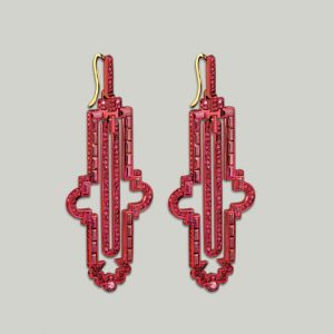 Solange Azagury Partridge Notre Dame earrings in 18k yellow gold with rubies, purple sapphires and ceramic