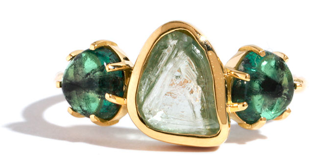 MJM emerald three stone ring