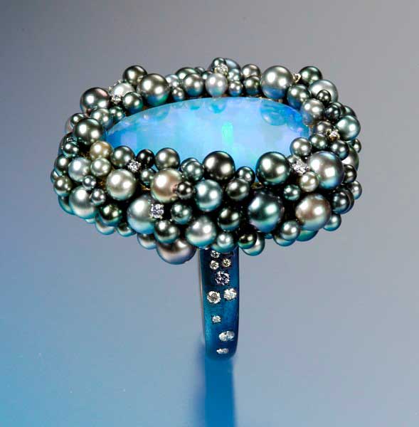 SEAN GILSON Blue steel ring with Opal and natural black pearls with steel blue diamond