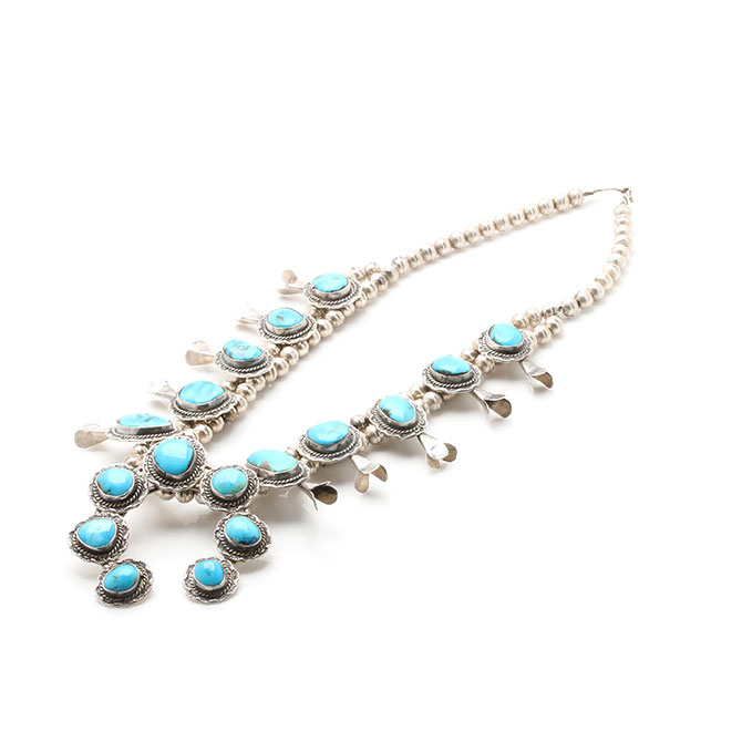 Silver and turquoise squash blossom necklace