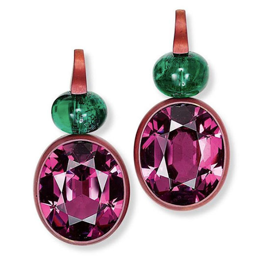 hemmerle rhodolite emerald earrings