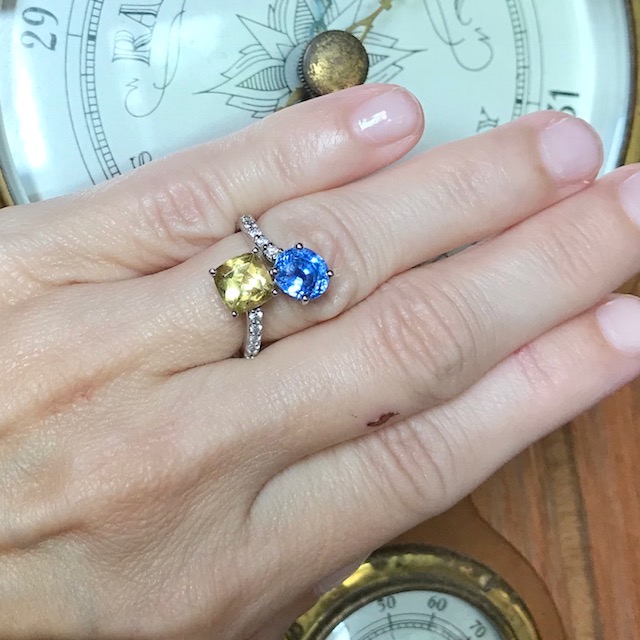 Blue sapphire heliodor bypass ring