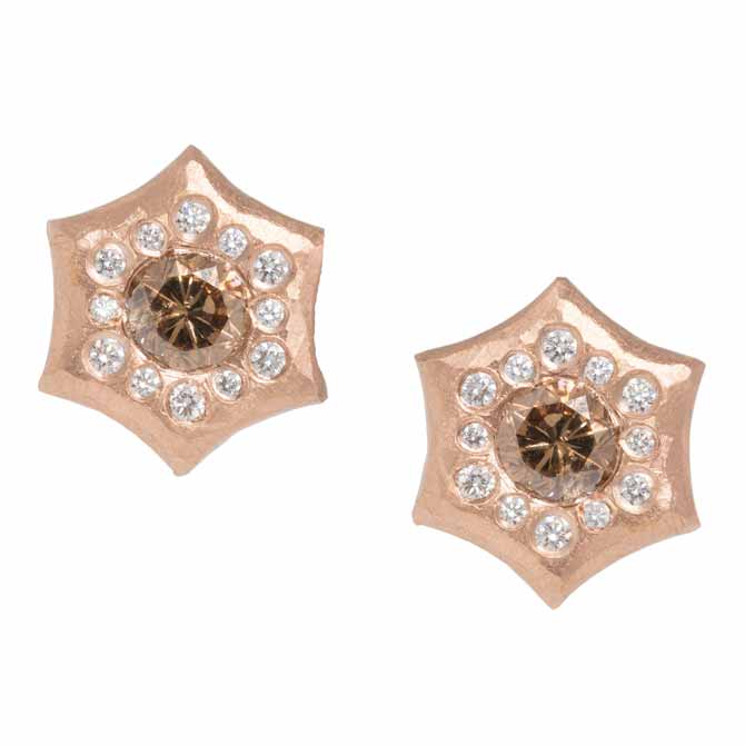 Pamela Froman Hexagon cognac diamond stud earrings