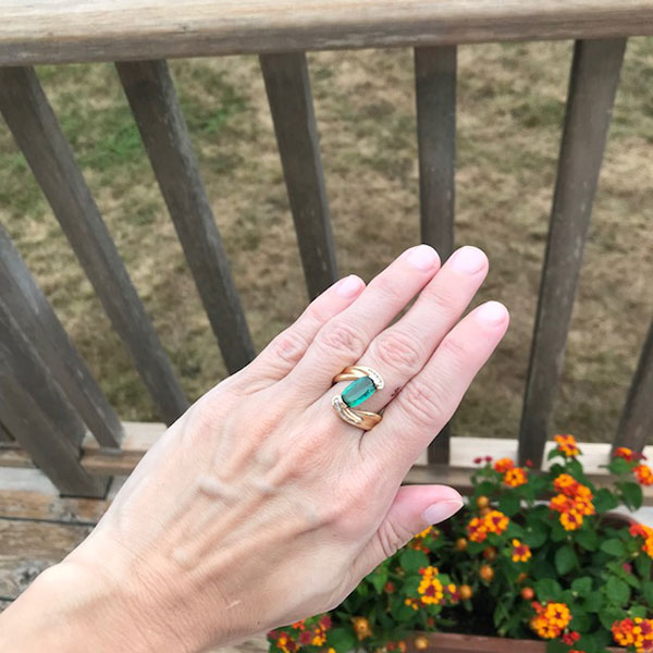 Emerald cut blue green tourmaline ring