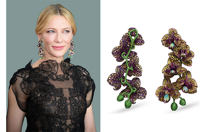 cate blanchett in chopard orchid earrings