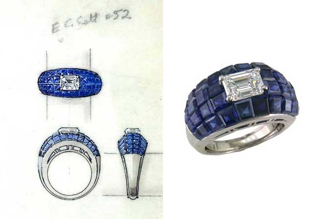 Oscar Heyman invisibly set blue sapphire ring and rendering