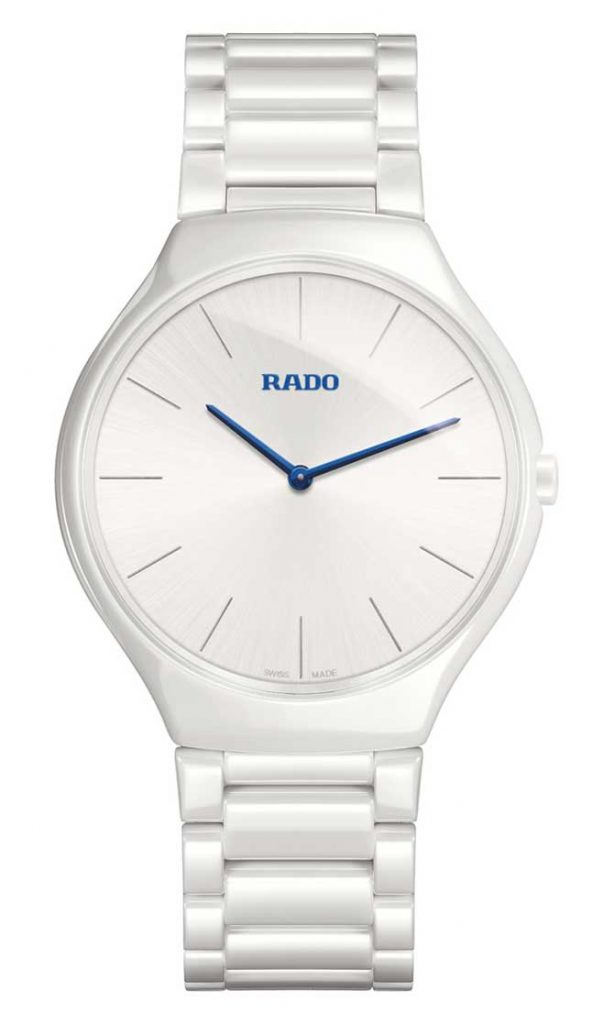 Rado True Thinline watch in white with blue details