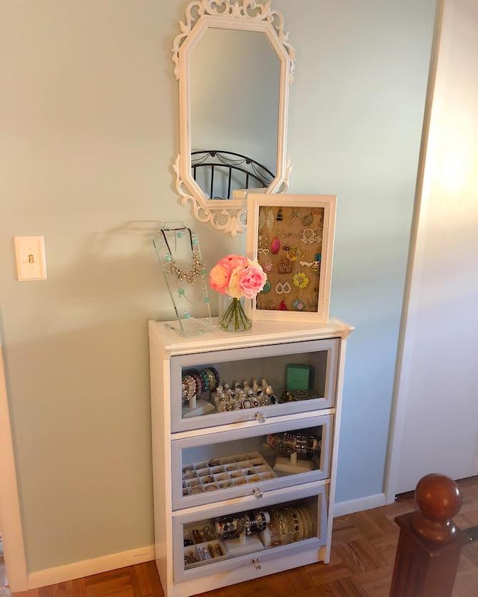 Bookcase upcycled as jewelry armoire