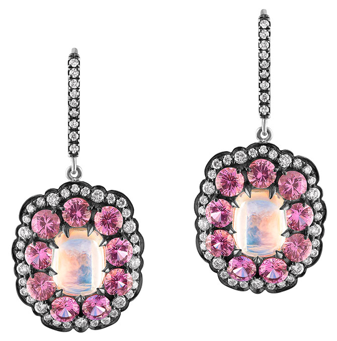 campbellian rainbow moonstone pink sapphire earrings