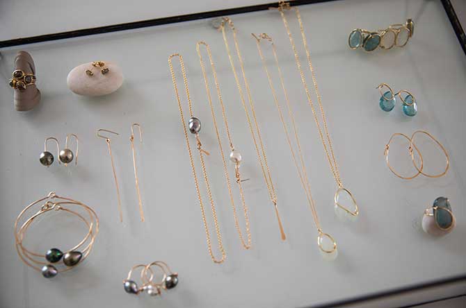 Mary Macgill pearl earrings and gemstone drops