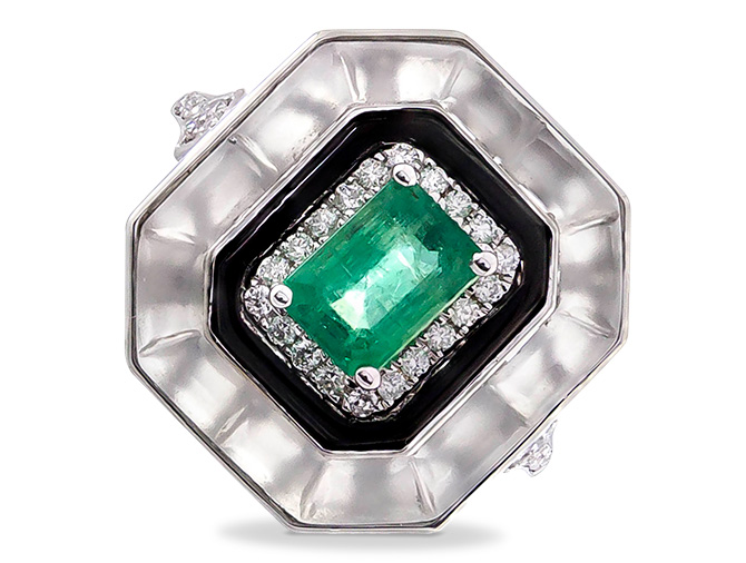 Cirari rock crystal onyx emerald ring