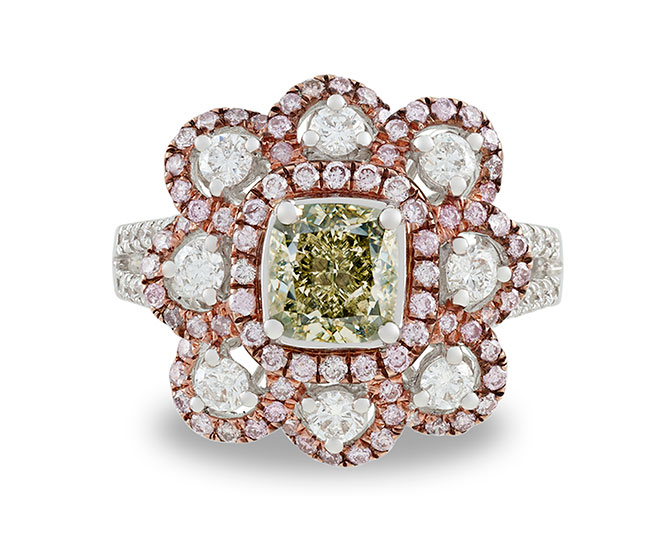 MS Rau greenish yellow diamond flower ring