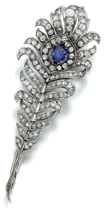 1870 diamond sapphire feather brooch