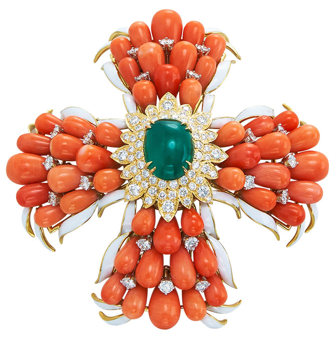 David Webb coral maltese cross brooch