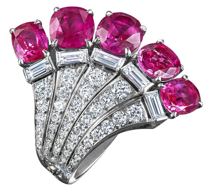 Flato art deco diamond ruby fan ring