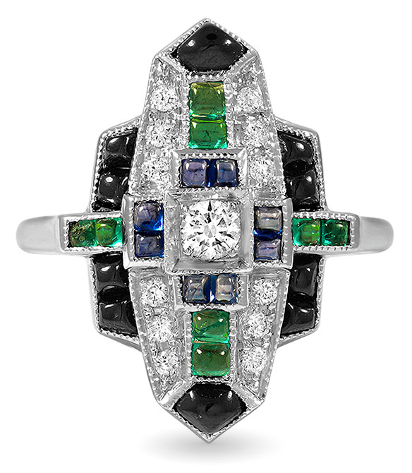 Brilliant earth diamond emerald sapphire onyx Costanza ring