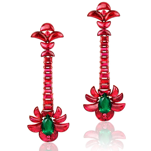 Bina Goenka x Gemfields ruby and emerald earrings