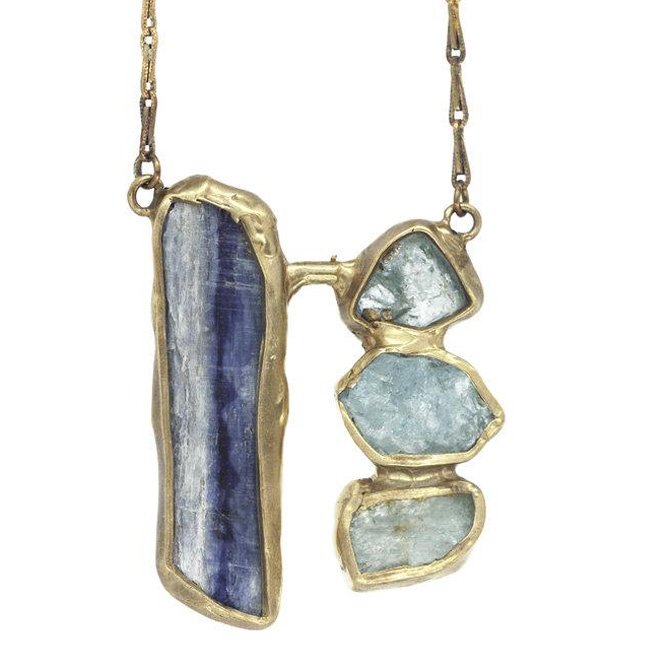 Waterfall necklace in brass with aquamarine and kyanite, $198; Emilie Shapiro