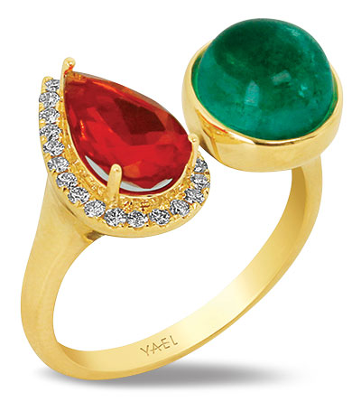 Yael toi et moi fire opal emerald ring