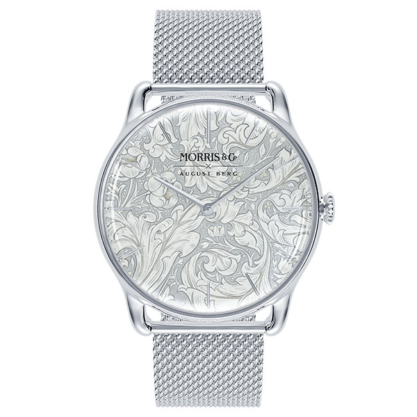 Silver Bachelors Button watch in stainless steel with stainless steel mesh strap, $265