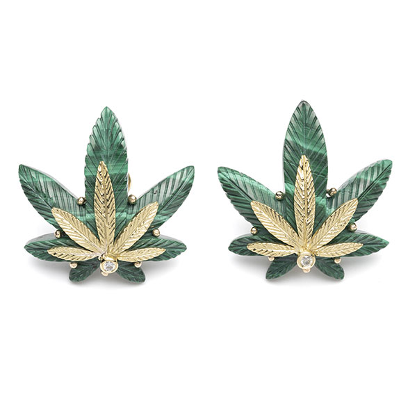 Brent Neale cannabis malachite gold earrings