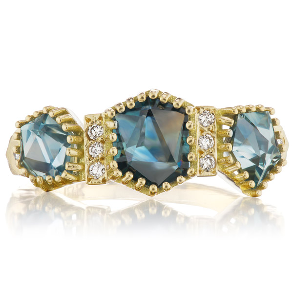 Dana Bronfman three stone geocut sapphire ring