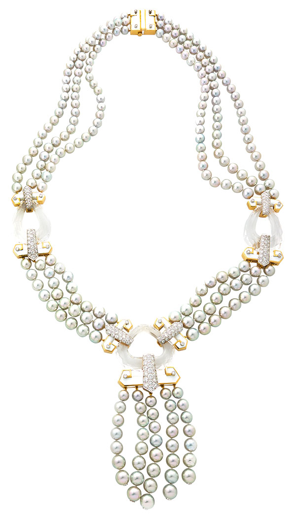 David Webb pearl rock crystal enamel dusk necklace