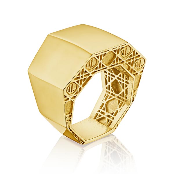 The ManLuu embossed ring shines with handcrafted details and geometric cage design