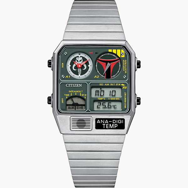 Boba Fett is honored in the stainless steel rectangular case that displays a rendering of the character’s trademark olive green and slash of red on the dial, and marked with the iconic symbol of the Mandalorian.