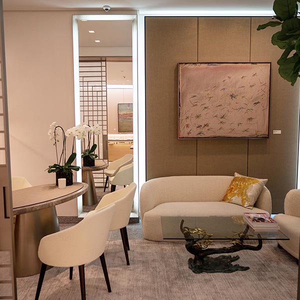 The private shopping room furnished with midcentury modern pieces inspired by the Yurman family personal collections