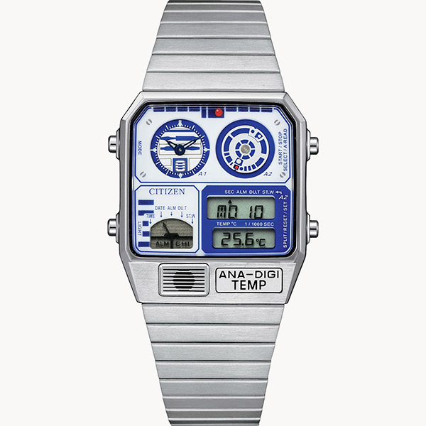 R2-D2's stainless steel rectangular case features white and blue colors with hints of red on the dial, and dual time and subdials with both characteristic patterns of the droid's body plates.