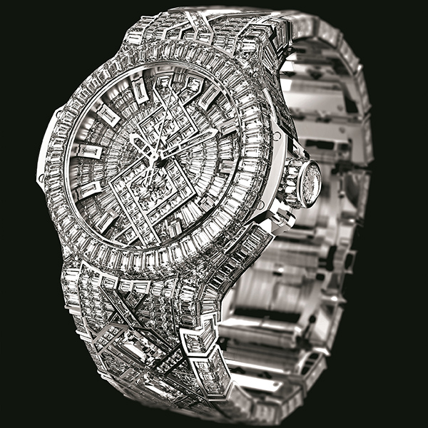 Customized $5 million Big Bang watch from Hublot, encrusted with 1,282 diamonds, including more than 100 carats of baguette diamonds and six emerald-cut stones each weighing more than 3 carats.