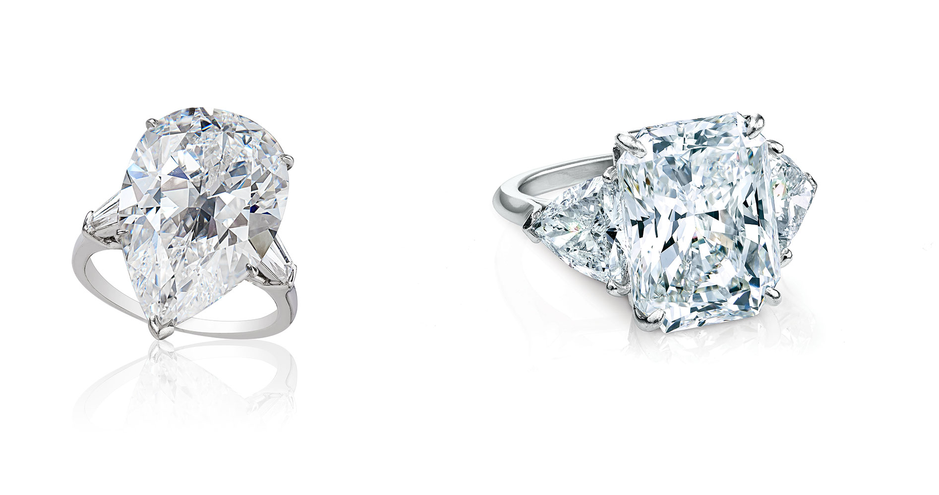 Circa pear shape and radiant cut diamond rings