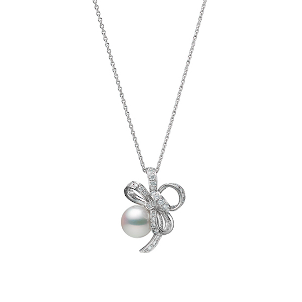 Mikimoto pearl and diamond bow pendant