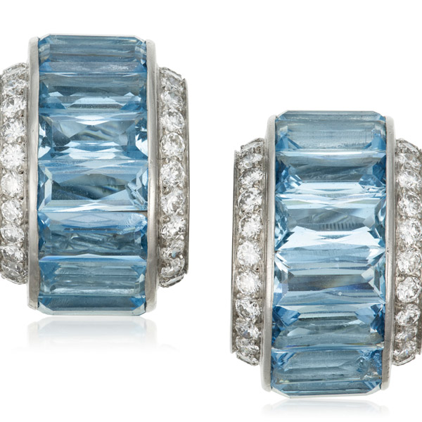 Cartier art deco aquamarine and diamond hoop earrings