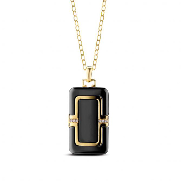 Monica Rich Kosann rectangular black ceramic, 18k yellow gold diamond locket necklace