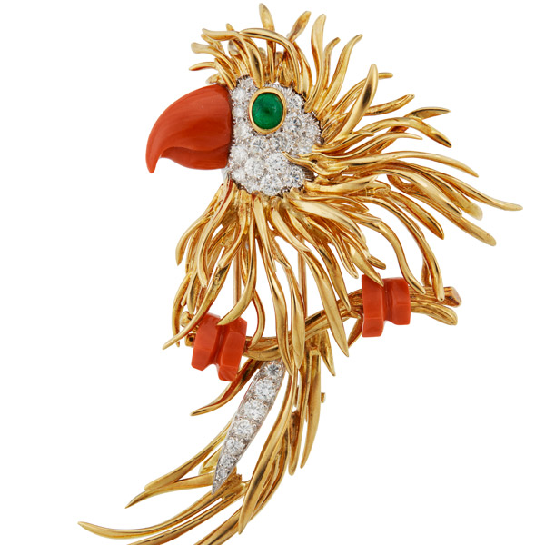 Paul Kutchinsky coral, diamond, emerald, and gold bird brooch