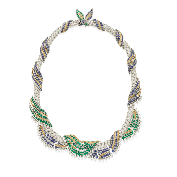 Schlumberger for Tiffany diamond emerald and sapphire scarf necklace