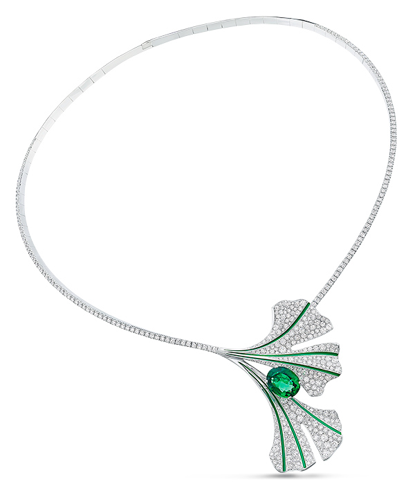 Palmiero gingko emerald diamond enamel necklace