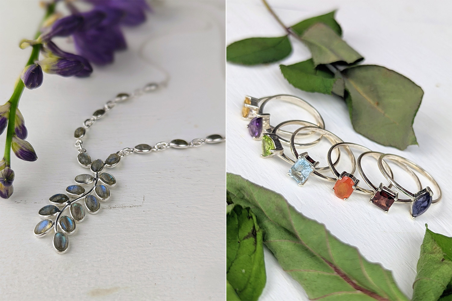 Ash and Rose labradorite necklace and gemstone stacking rings