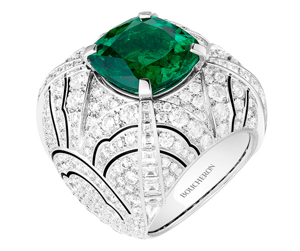 Boucheron bouton emerald and diamond high jewelry ring