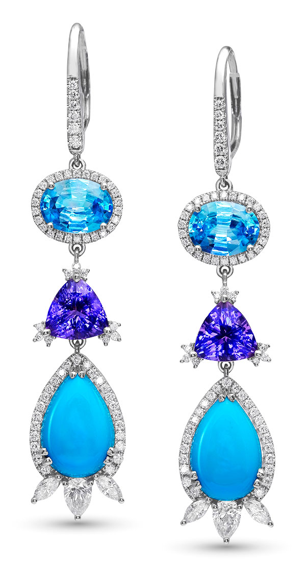 Colored Stones Parle blue zircon tanzanite turquoise diamond earrings